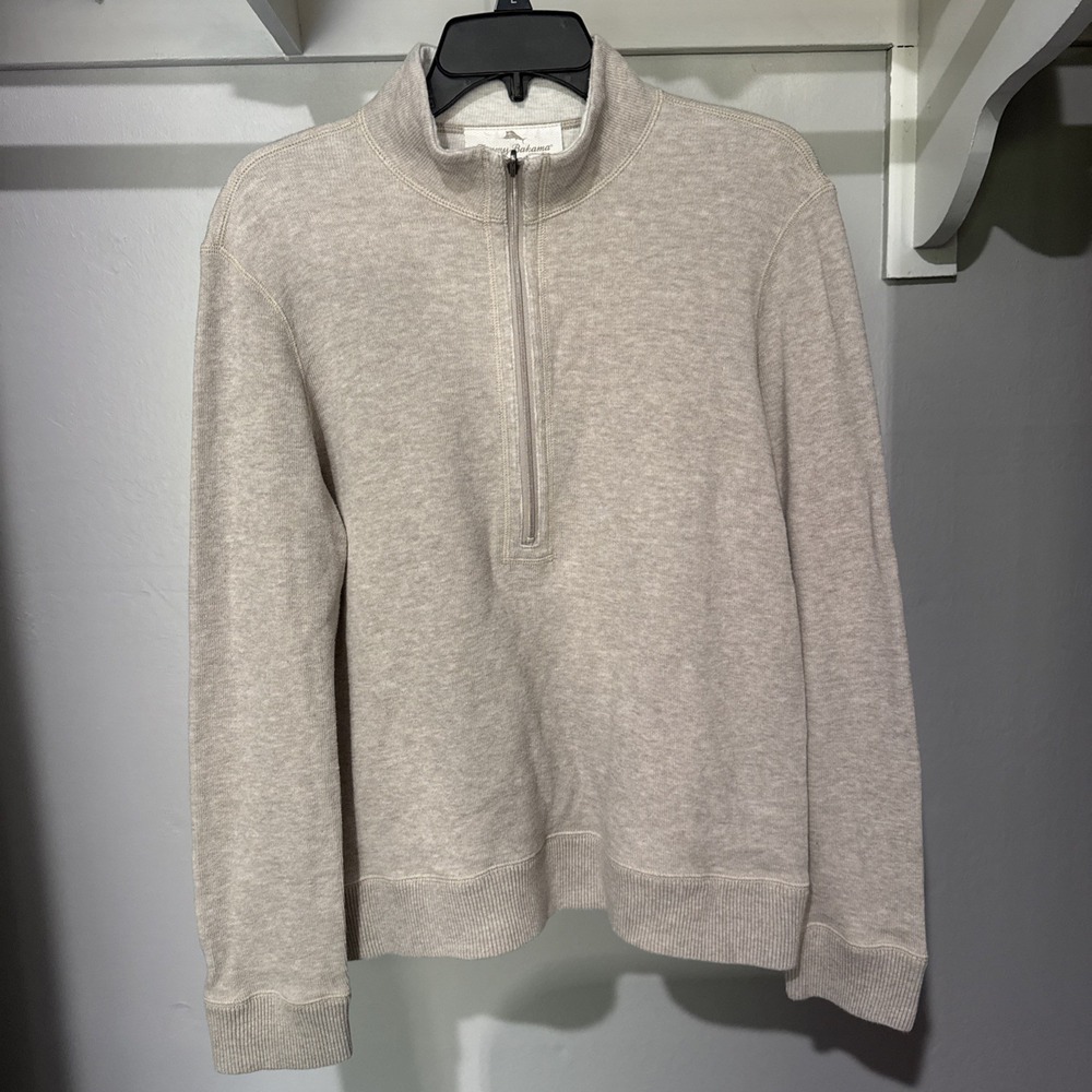 Tommy Bahama Mens 1/4 Zip Reversible Pullover Sweater Beige Cotton Medium